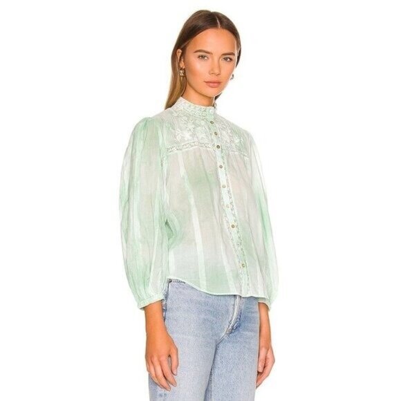 LoveShackFancy Ronda Embroidered Lace Trim Blouse in Jade Mist Hand Dye - Picture 3 of 11
